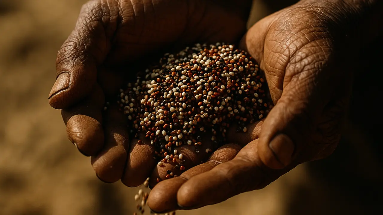 Las manos curtidas de un agricultor andino sosteniendo un puñado de quinua tricolor —blanca, roja y negra— del que caen granos entre los dedos