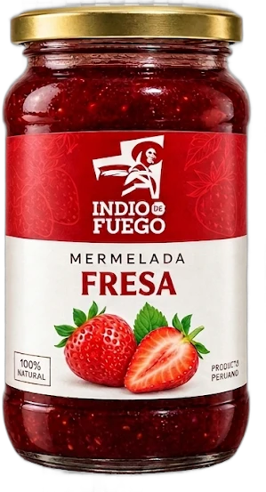 Frasco de mermelada de fresa, de color rojo intenso, con etiqueta de Indio de Fuego ilustrada con fresas y sello de 100% natural