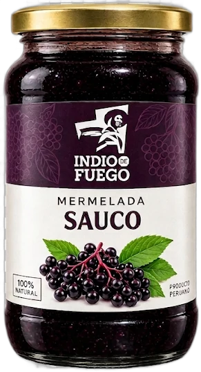 Frasco de mermelada de sauco, de color púrpura oscuro, con etiqueta de Indio de Fuego ilustrada con racimos de sauco y sello de 100% natural